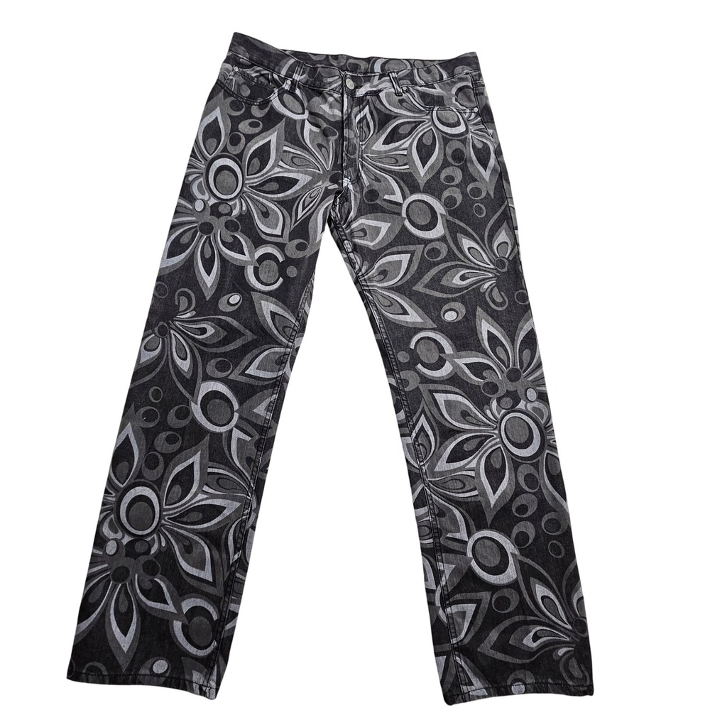 Loudmouth Floral Psychedelic Jeans 38x32 Black Gray Cotton Straight Leg Pants